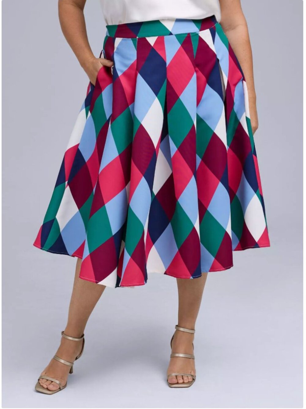 Torrid Belle Isle Harlequin Pleated Midi Skirt 18 Red Green Navy Cream Pocket